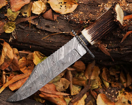 Hand Forged Damascus Steel hunting Knife , Custom Handmade Damascus Steel Hunting Knife With Stag Horn Handle.