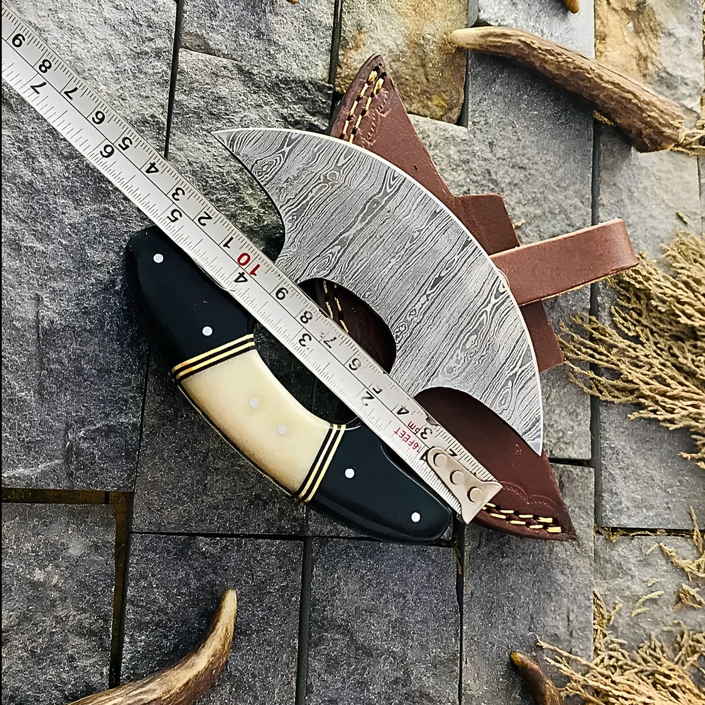 Handmade Damascus Steel Ulu Knife with Bone & Horn Handle – 6 Inch Curved Blade – Leather Sheath Included – Traditional Alaskan Chopper
