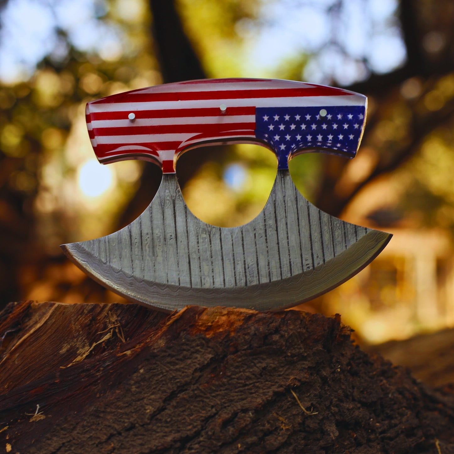 Hot Selling Damascus Steel Professional Alaskan Ulu Knife Handmade American Flag Print Kitchen Pizza Cutter for Chefs