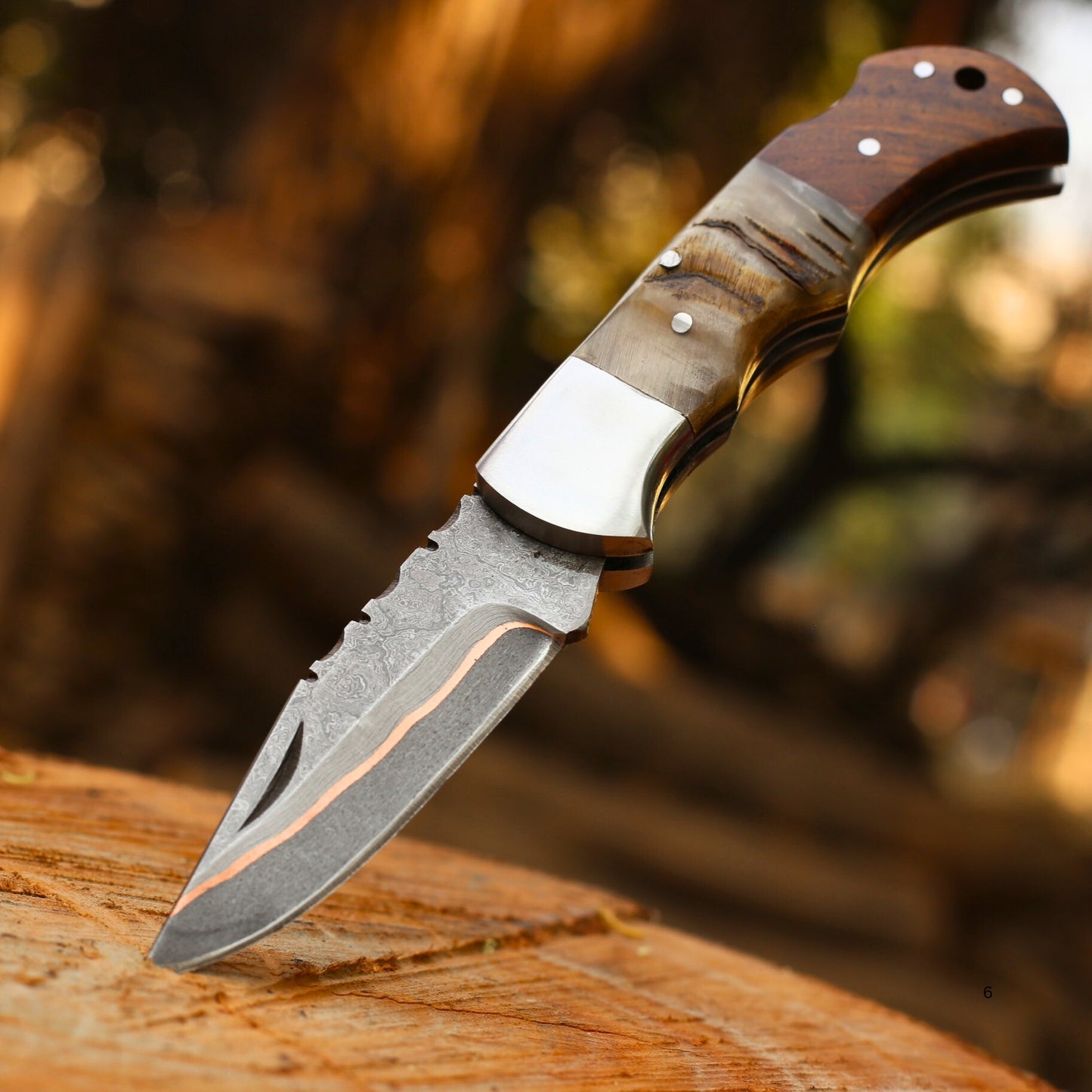 Handmade Copper Damascus Folding Knife With Rose Wood and Ram Horn Handle , Personalized Gift for Him , Anniversary Gift Knife , Groomsman Gift Knife , EDC ,Outdoor