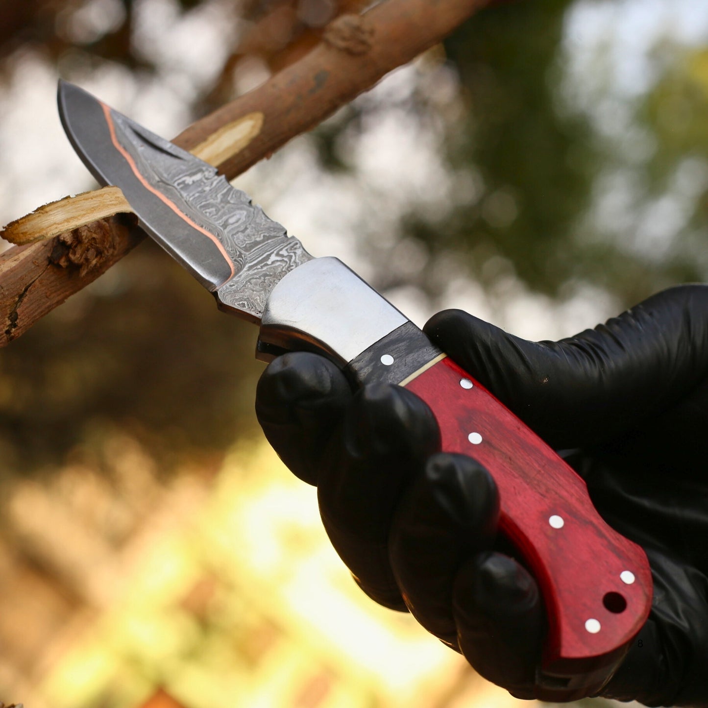 Handmade Copper Damascus Folding Knife With Red wood Handle , Personalized Gift for Him , Anniversary Gift Knife , Groomsman Gift Knife , EDC