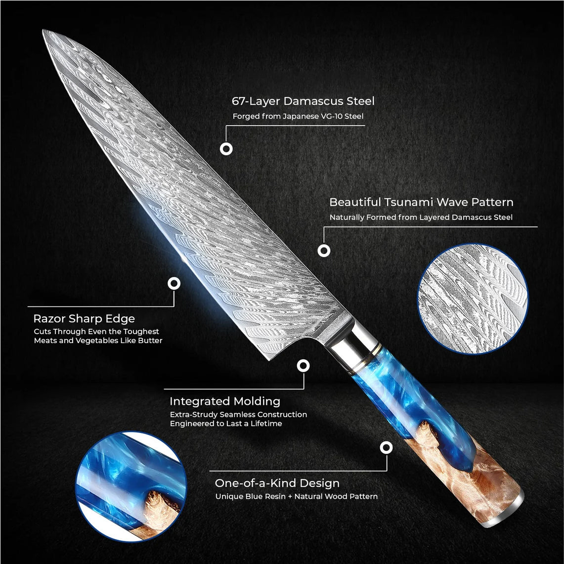 Premium 67-Layer Damascus Steel 8" Chef's Knife with Japanese VG10 Core and Natural Sycamore Wood Handle – Kitchen Tool for Precision Cutting – $189.00