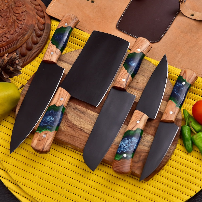 Carbon Steel Forged Chef Knives, 5 Pcs Kitchen Knife Set With Roll Bag, Cooking Knives Gift for Her Kitchen and Dining