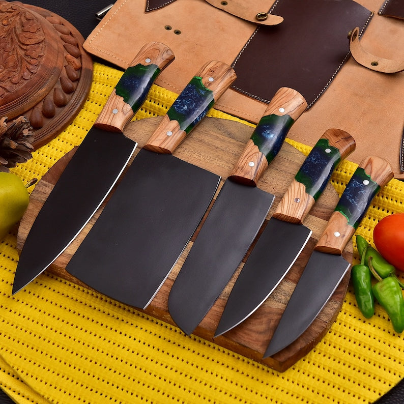 Carbon Steel Forged Chef Knives, 5 Pcs Kitchen Knife Set With Roll Bag, Cooking Knives Gift for Her Kitchen and Dining