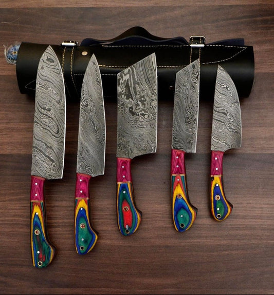 5Pcs HandForged Damascus Steel Chef Set, Damascus Knife Set, Damascus Chef's Knife Set, Damascus Kitchen Knife Set, Christmas Gift.