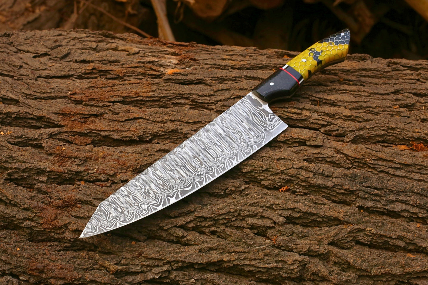 Hand-Forged Japanese Style Chef Knife | Premium Damascus Steel Blade | Micarta & Honeycomb Resin Handle | Professional Culinary Tool