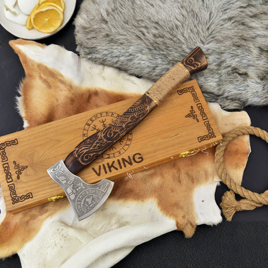 Handmade Viking Bearded Axe - Custom Etched Norse Steel Hatchet - Carved Ashwood Handle, Wooden Gift Box, Groomsmen Gift