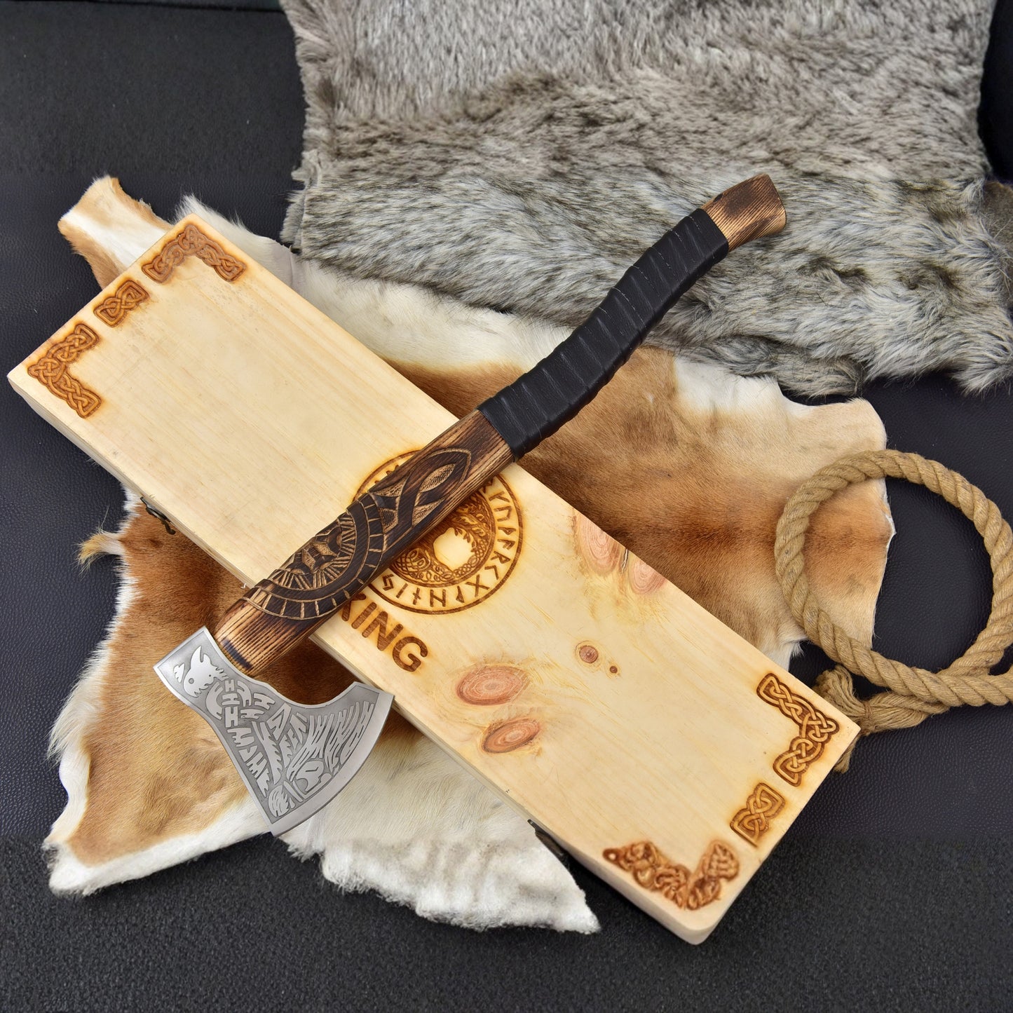 Hand Forged Viking Bearded Axe, Engraved Norse Steel Tomahawk, Carved Ashwood Handle, Custom Wooden Gift Box - 20"