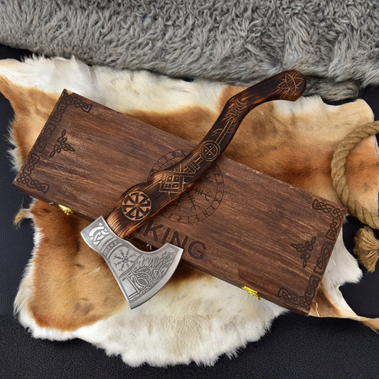 Handmade Viking Bearded Axe 20" High Carbon Steel Etched Norse Tomahawk with Carved Ashwood Handle & Engraved Wooden Box