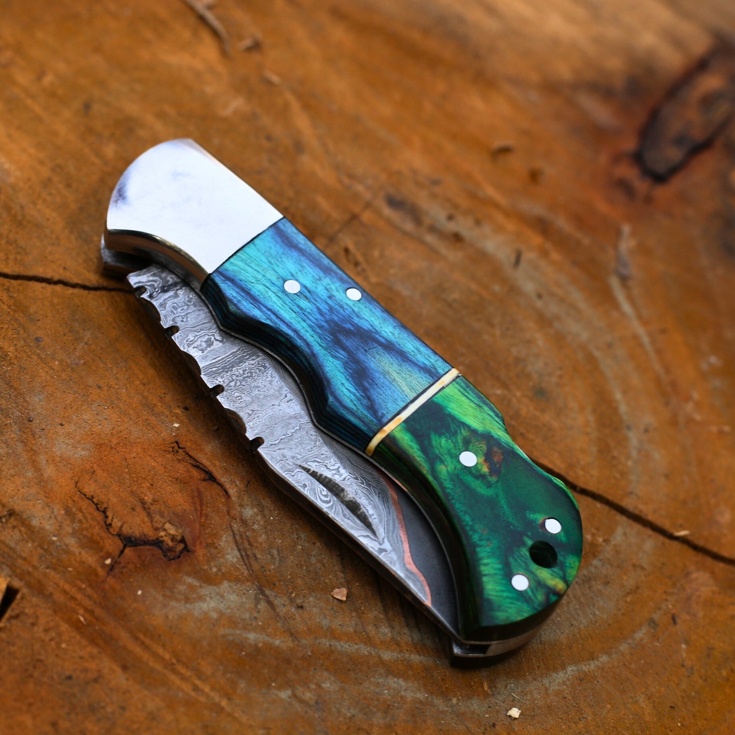 Handmade Copper Damascus Folding Knife With Pakka wood Handle , Personalized Gift for Him , Anniversary Gift Knife , Groomsman Gift Knife