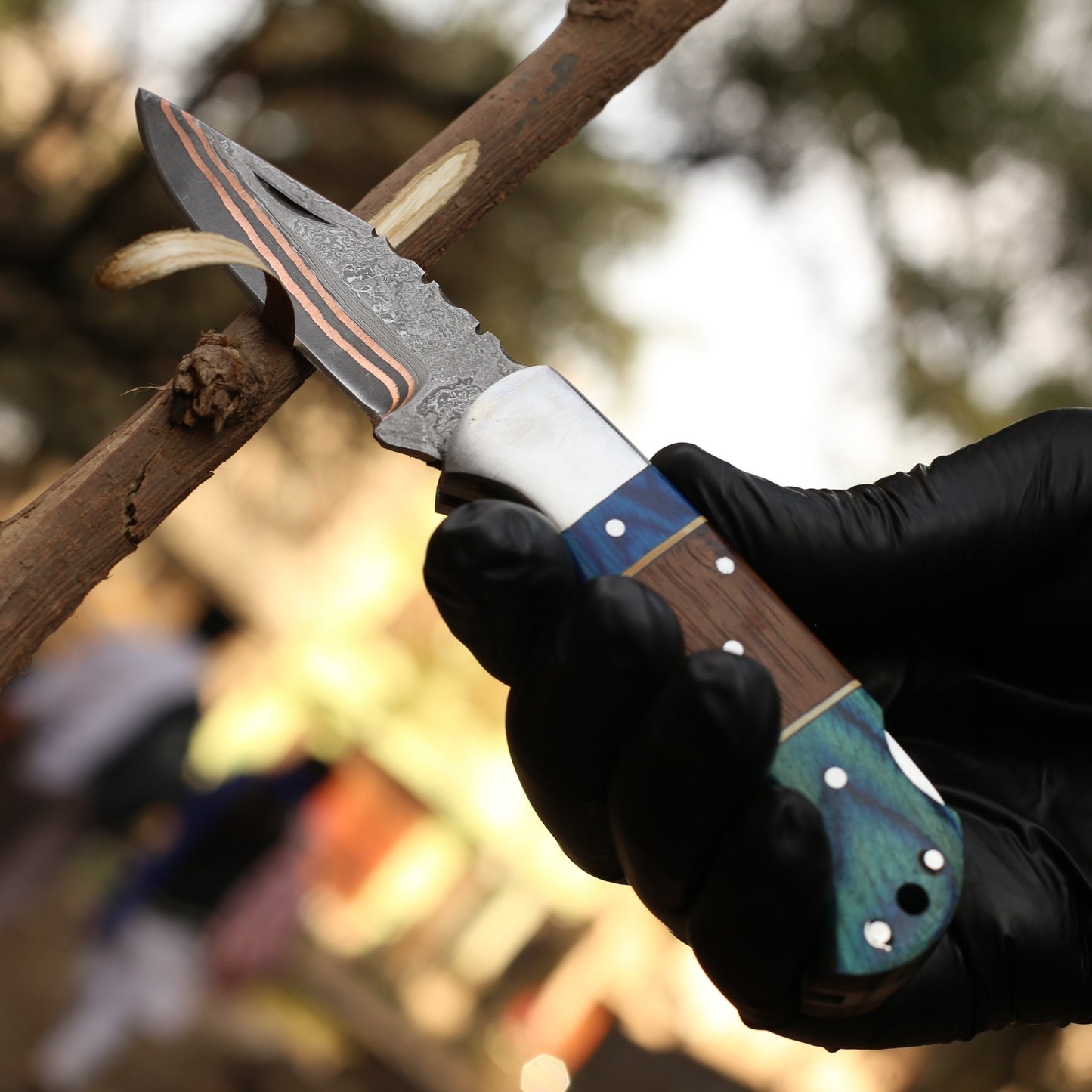 Handmade Copper Damascus Folding Knife With Rose Wood and Pakka Wood Handle , Personalized Gift for Him , Anniversary Gift Knife , Groomsman Gift Knife , EDC