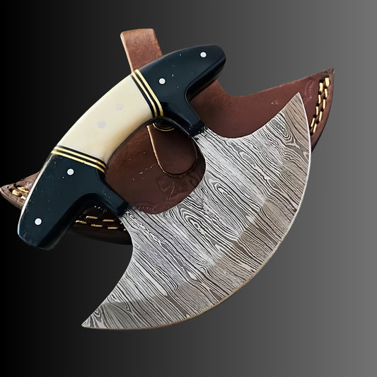 Handmade Damascus Steel Ulu Knife with Bone &amp; Horn Handle – 6 Inch Curved Blade – Leather Sheath Included – Traditional Alaskan Chopper