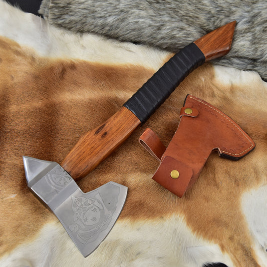 Handmade Viking Vegvisir Axe, Custom Steel Camping Tomahawk with Spike Poll, Curved Rosewood Handle & Leather Sheath
