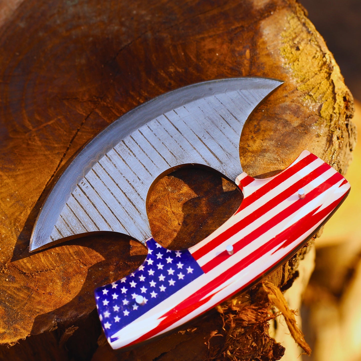 Hot Selling Damascus Steel Professional Alaskan Ulu Knife Handmade American Flag Print Kitchen Pizza Cutter for Chefs