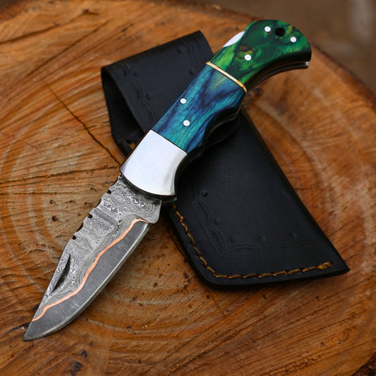 Handmade Copper Damascus Folding Knife With Pakka wood Handle , Personalized Gift for Him , Anniversary Gift Knife , Groomsman Gift Knife