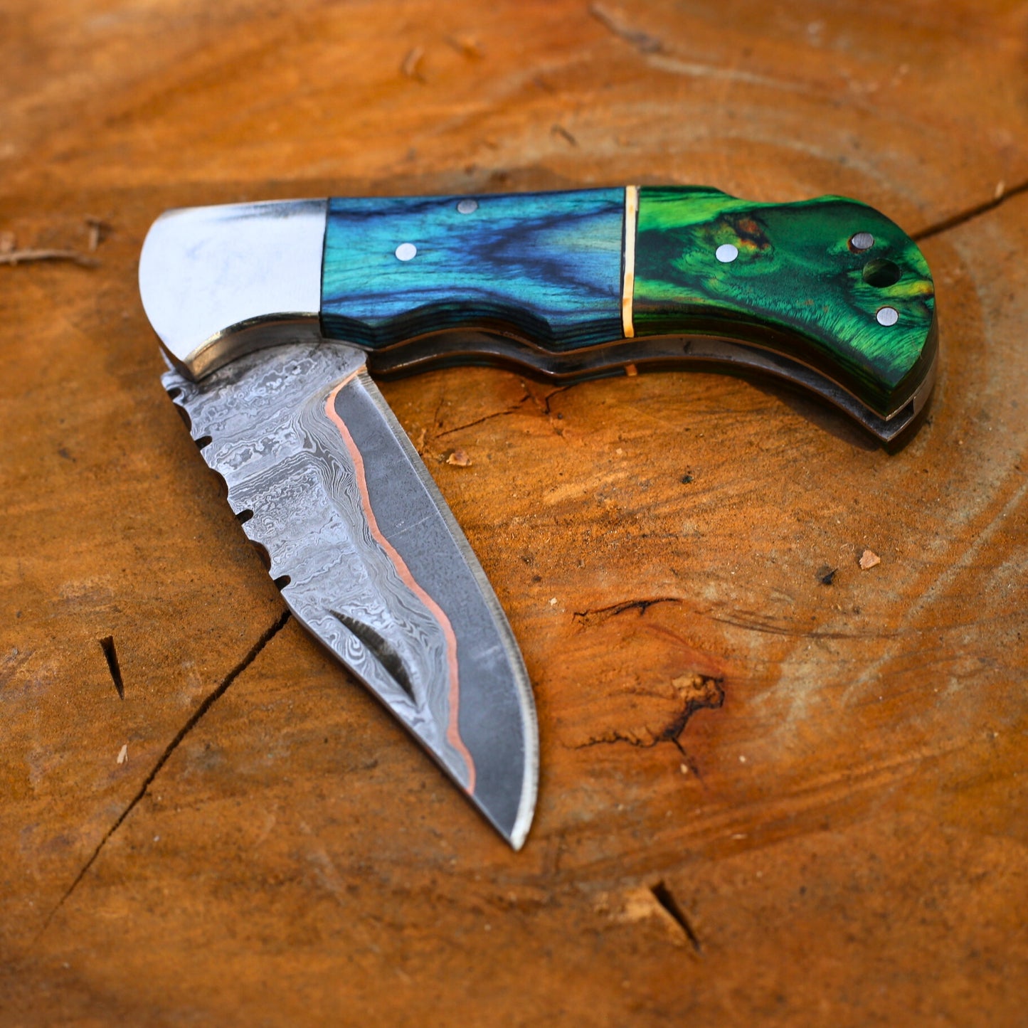 Handmade Copper Damascus Folding Knife With Pakka wood Handle , Personalized Gift for Him , Anniversary Gift Knife , Groomsman Gift Knife