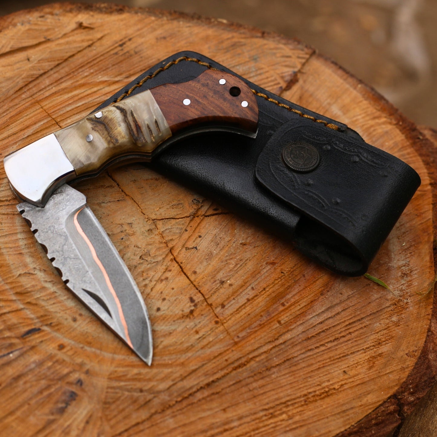 Handmade Copper Damascus Folding Knife With Rose Wood and Ram Horn Handle , Personalized Gift for Him , Anniversary Gift Knife , Groomsman Gift Knife , EDC