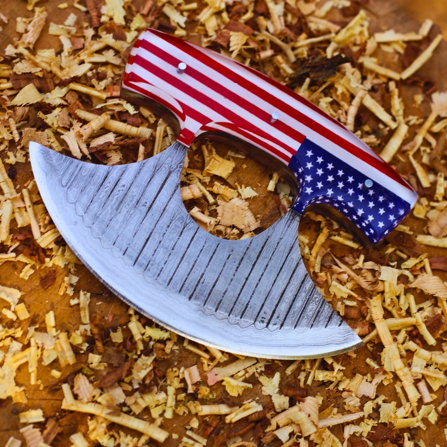 Hot Selling Damascus Steel Professional Alaskan Ulu Knife Handmade American Flag Print Kitchen Pizza Cutter for Chefs