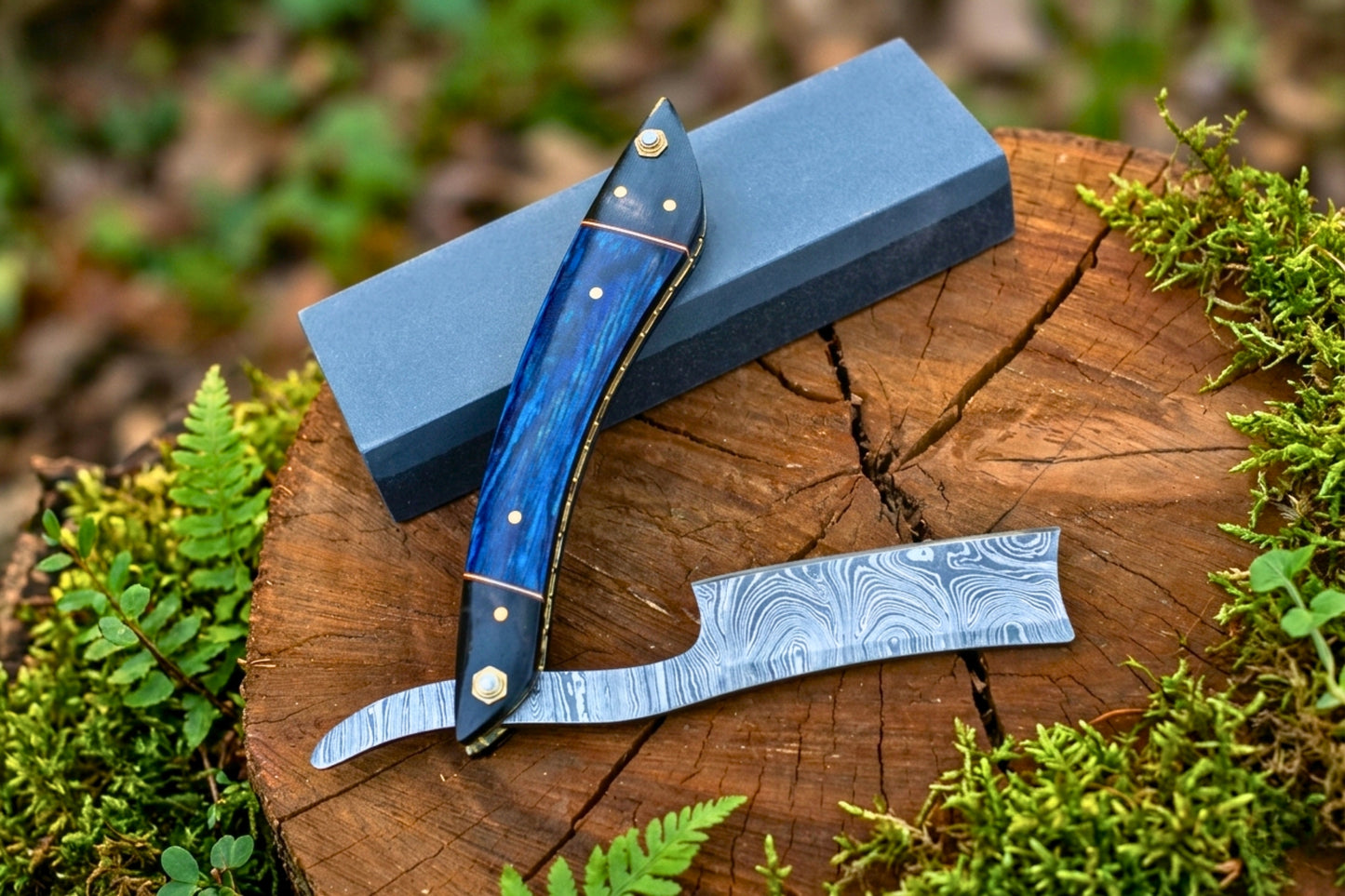 Damascus Steel Shavette Razor, Handmade Straight Razor, Blue And Black pakka wood Handle Barber Razor, Luxury Wet Shaving Gift for Men