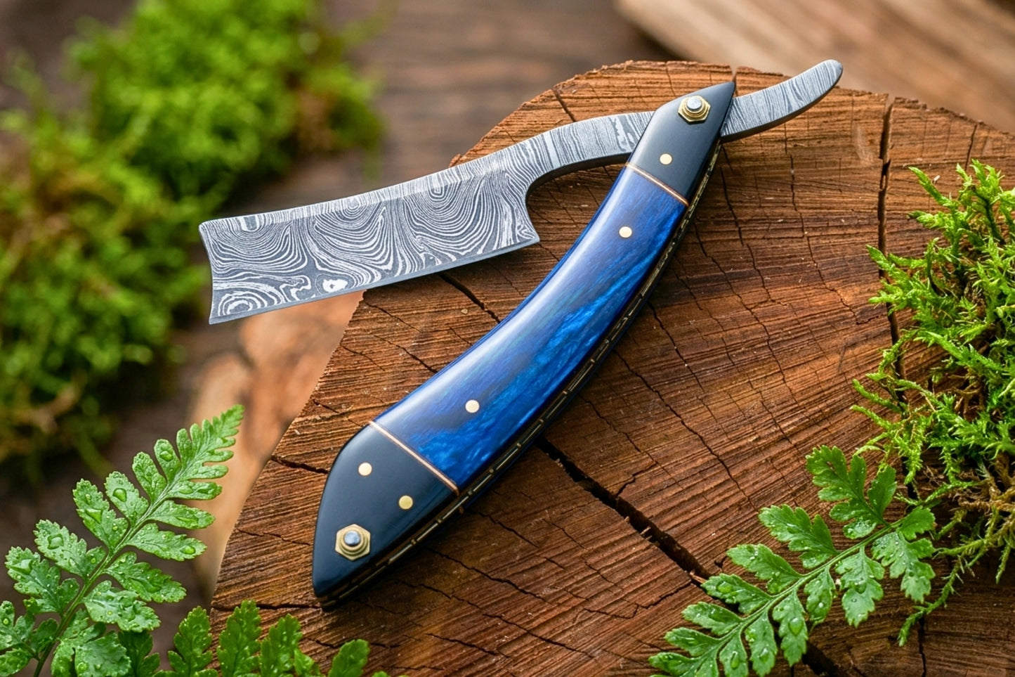 Damascus Steel Shavette Razor, Handmade Straight Razor, Blue And Black pakka wood Handle Barber Razor, Luxury Wet Shaving Gift for Men