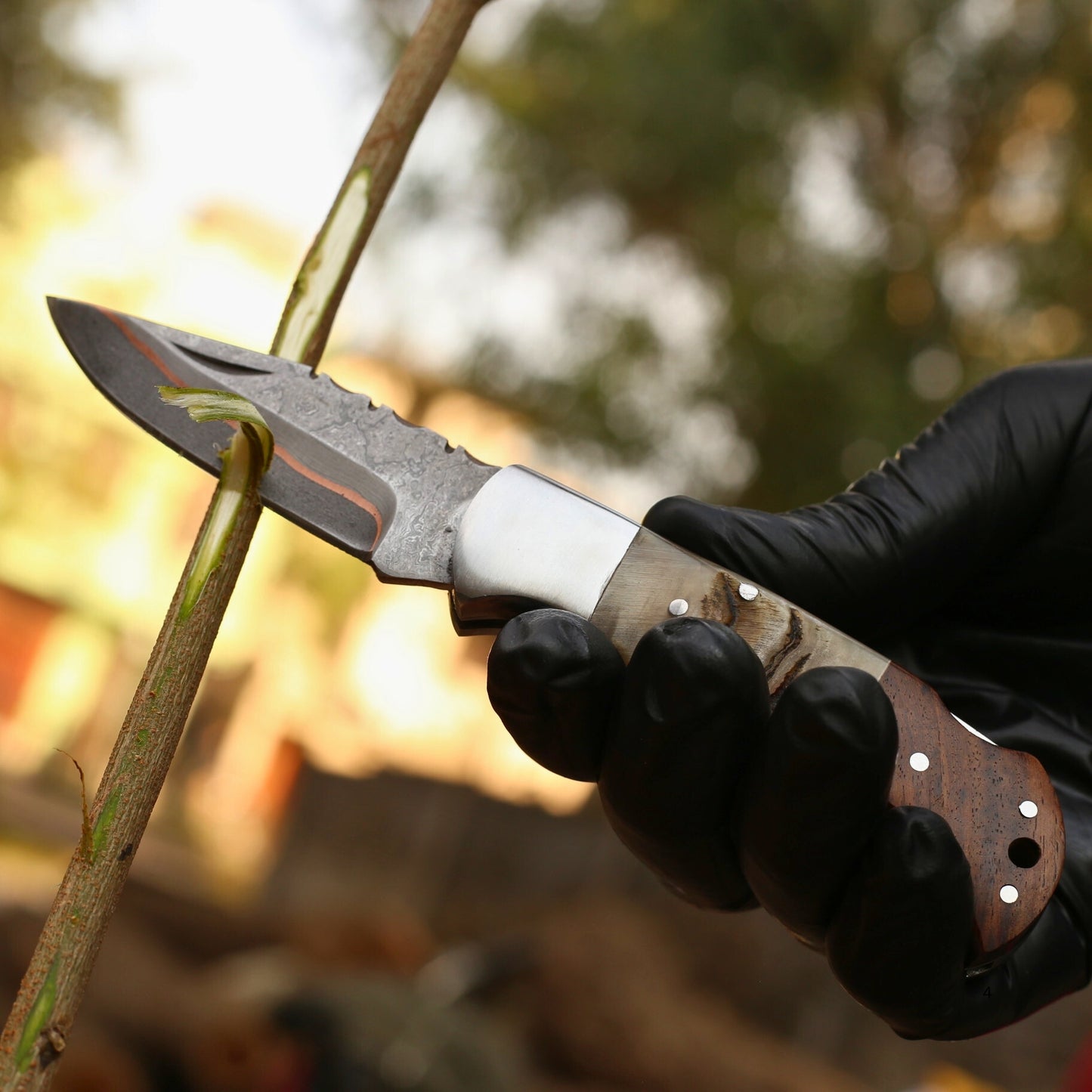 Handmade Copper Damascus Folding Knife With Rose Wood and Ram Horn Handle , Personalized Gift for Him , Anniversary Gift Knife , Groomsman Gift Knife , EDC ,Outdoor