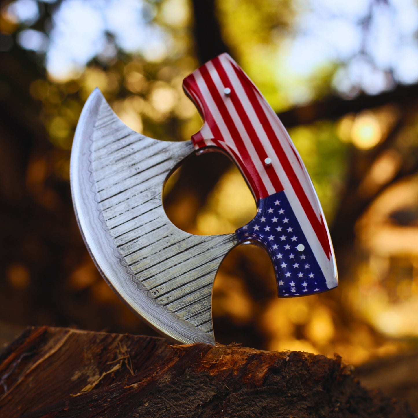 Hot Selling Damascus Steel Professional Alaskan Ulu Knife Handmade American Flag Print Kitchen Pizza Cutter for Chefs