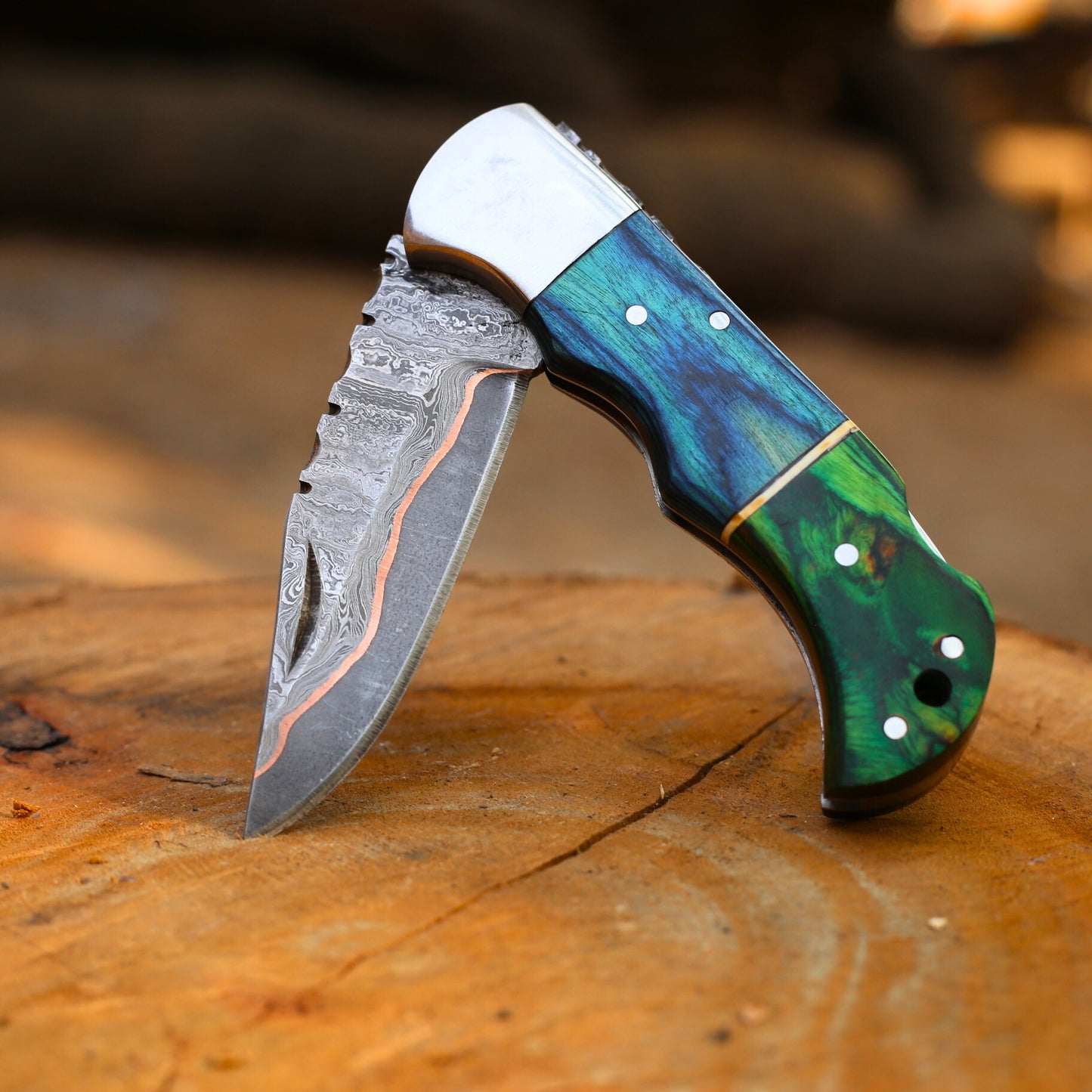 Handmade Copper Damascus Folding Knife With Pakka wood Handle , Personalized Gift for Him , Anniversary Gift Knife , Groomsman Gift Knife