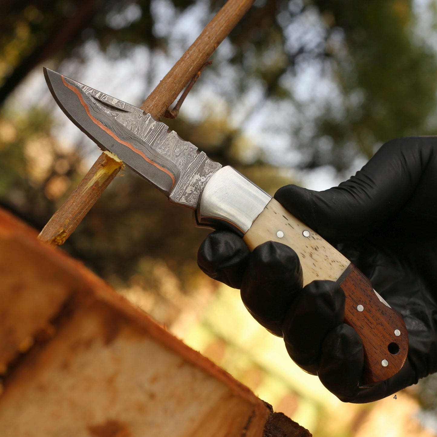 Handmade Copper Damascus Folding Knife With Bone And Rose Handle , Personalized Gift for Him , Anniversary Gift Knife , Groomsman Gift Knife , Christmas Gifts