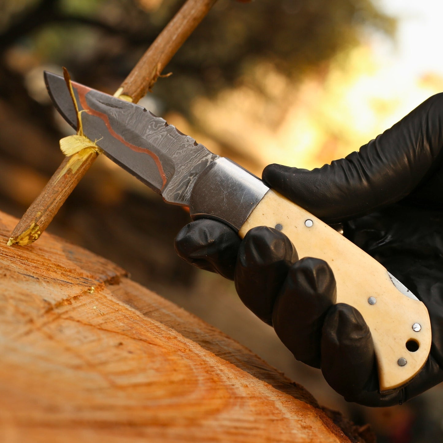 Handmade Copper Damascus Folding Knife With Bone Handle , Personalized Gift for Him , Anniversary Gift Knife , Groomsman Gift Knife , Christmas Gifts