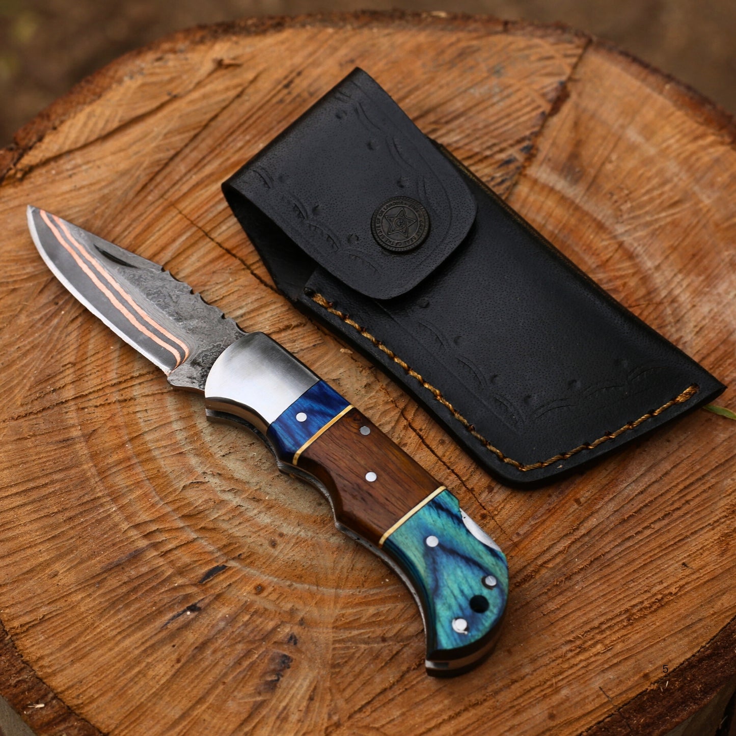 Handmade Copper Damascus Folding Knife With Rose Wood and Pakka Wood Handle , Personalized Gift for Him , Anniversary Gift Knife , Groomsman Gift Knife , EDC