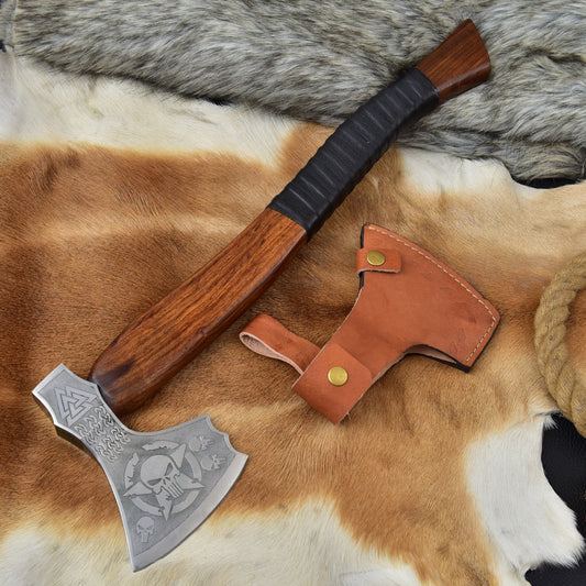Custom Viking Axe Handmade High Carbon Steel Hatchet Etched Bearded Axe Groomsmen Gift Unique Skull Viking Axe Sheath
