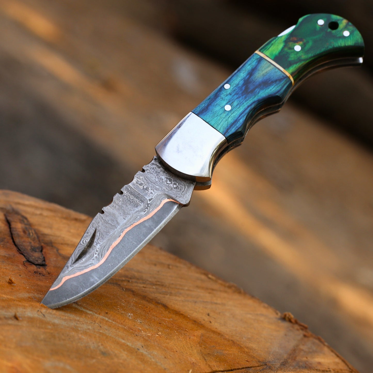 Handmade Copper Damascus Folding Knife With Pakka wood Handle , Personalized Gift for Him , Anniversary Gift Knife , Groomsman Gift Knife