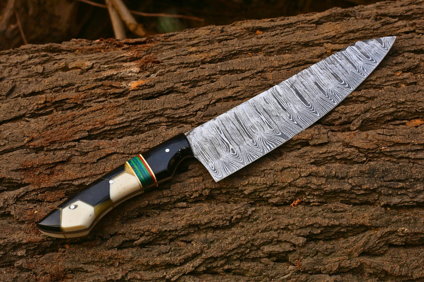 Handmade Damascus Chef Knife 8 Inch Blade | 13 Inch Professional Kitchen Knife | Resin Handle Damascus Steel Chef Knife | Gift for Him