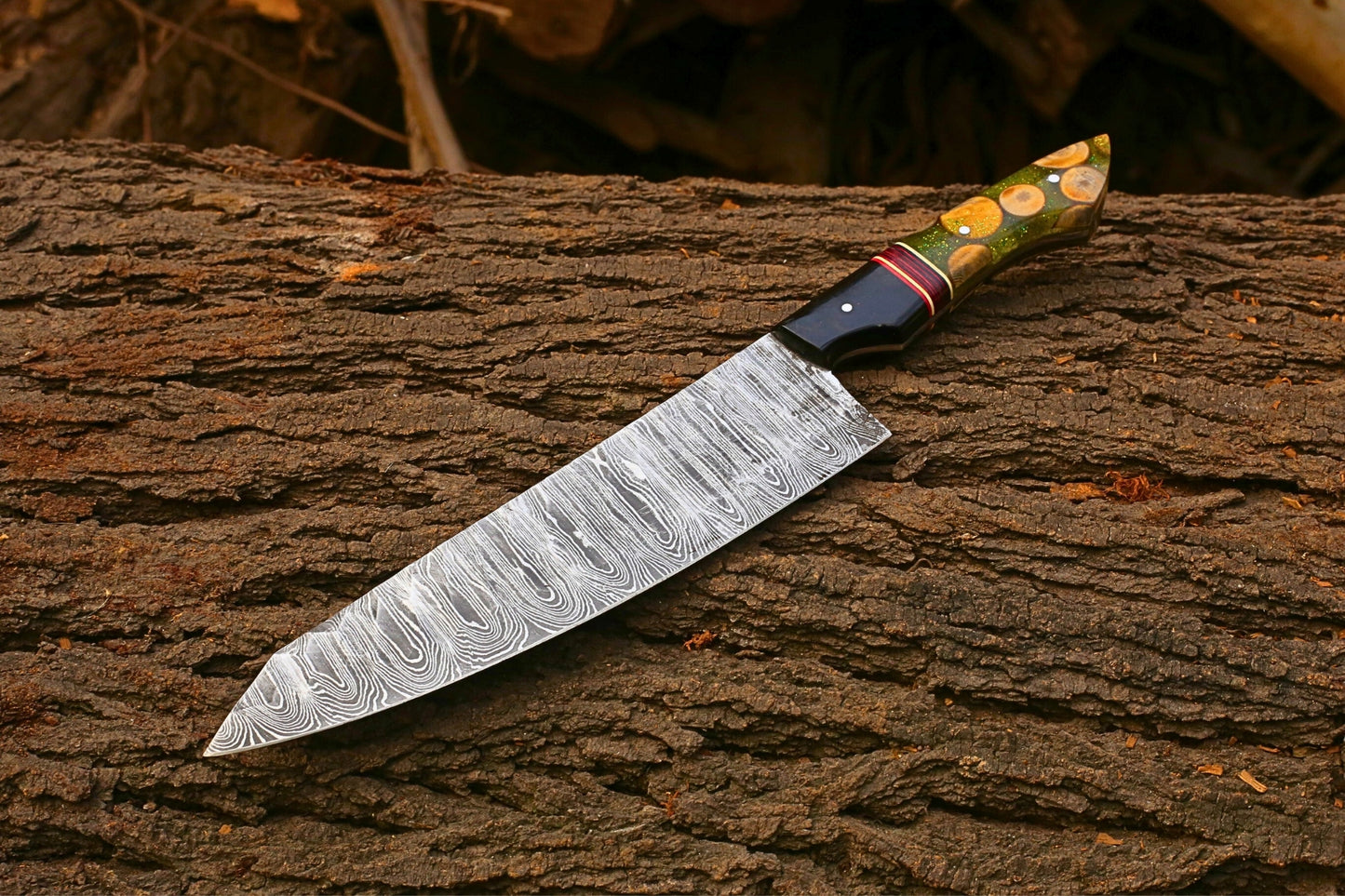 Handmade Damascus Chef Knife 13 Inch Overall | 8 Inch Damascus Steel Blade | 5 Inch Resin & Wood Handle | Professional Kitchen Knife Gift