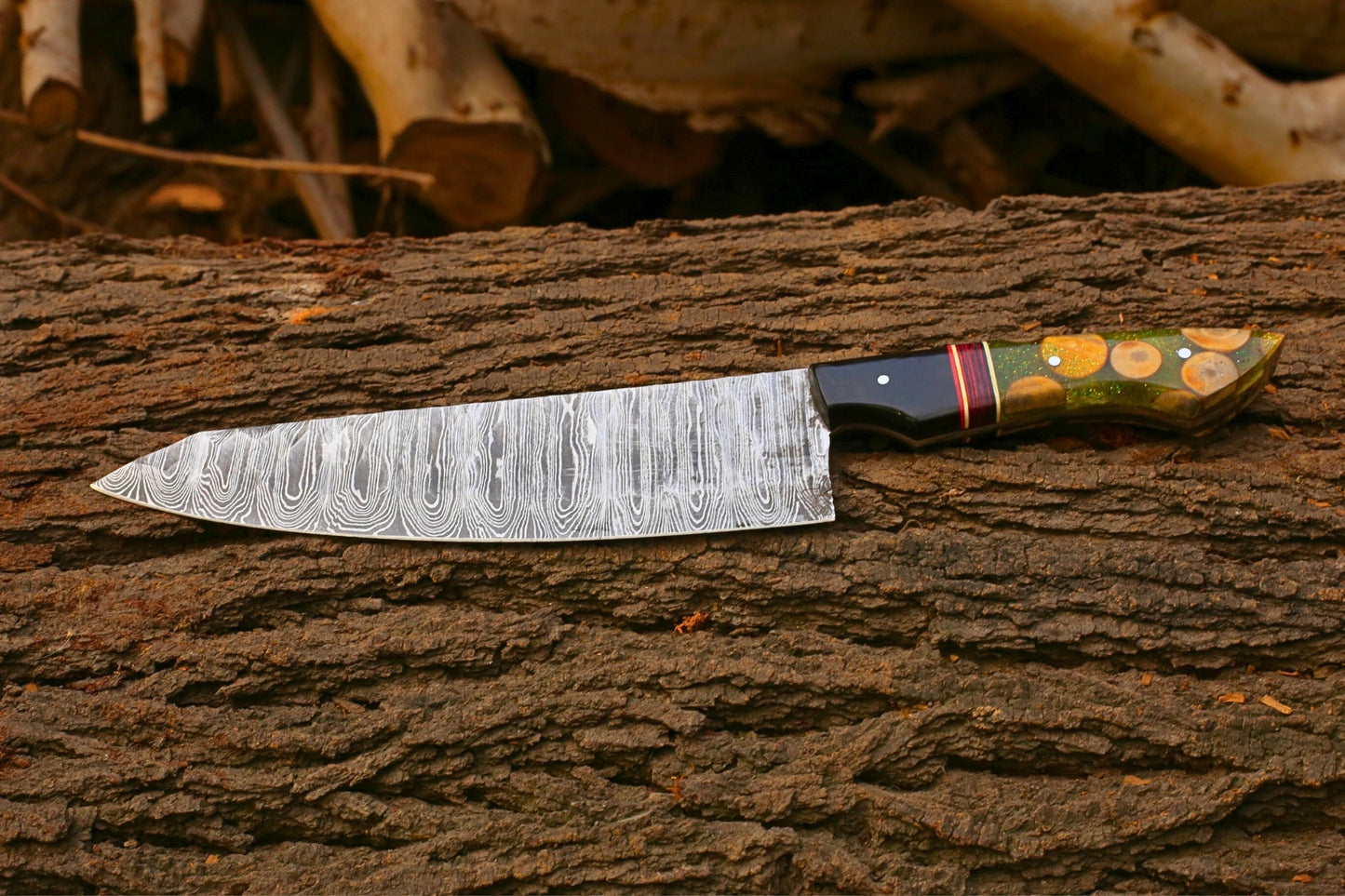 Handmade Damascus Chef Knife 13 Inch Overall | 8 Inch Damascus Steel Blade | 5 Inch Resin & Wood Handle | Professional Kitchen Knife Gift