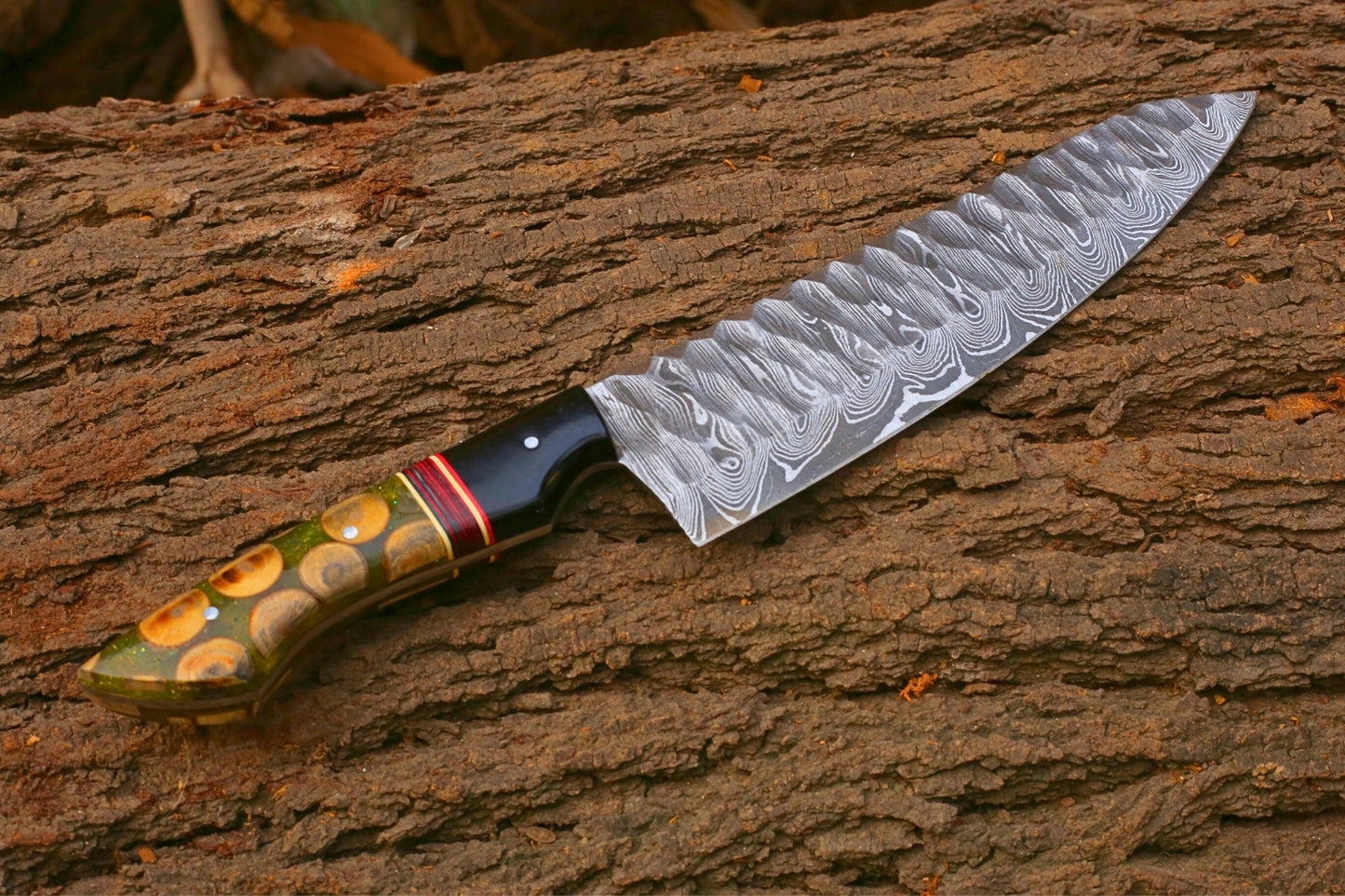 Handmade Damascus Chef Knife 13 Inch Overall | 8 Inch Damascus Steel Blade | 5 Inch Resin & Wood Handle | Professional Kitchen Knife Gift