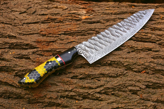 Hand-Forged Japanese Style Chef Knife | Premium Damascus Steel Blade | Micarta & Honeycomb Resin Handle | Professional Culinary Tool