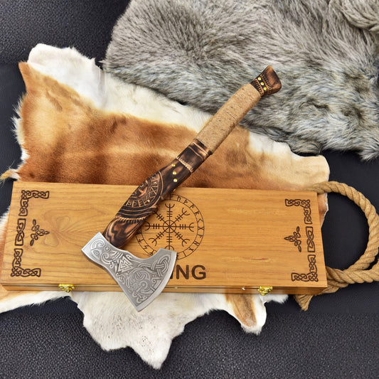 Hand Made Viking Axe Carbon Steel, Hand Forged, Personalized Custom Made for Wall Decoration, Camping & Outdoor UseHand Forged Viking Tools Engraved Norse Design, Leather Sheath