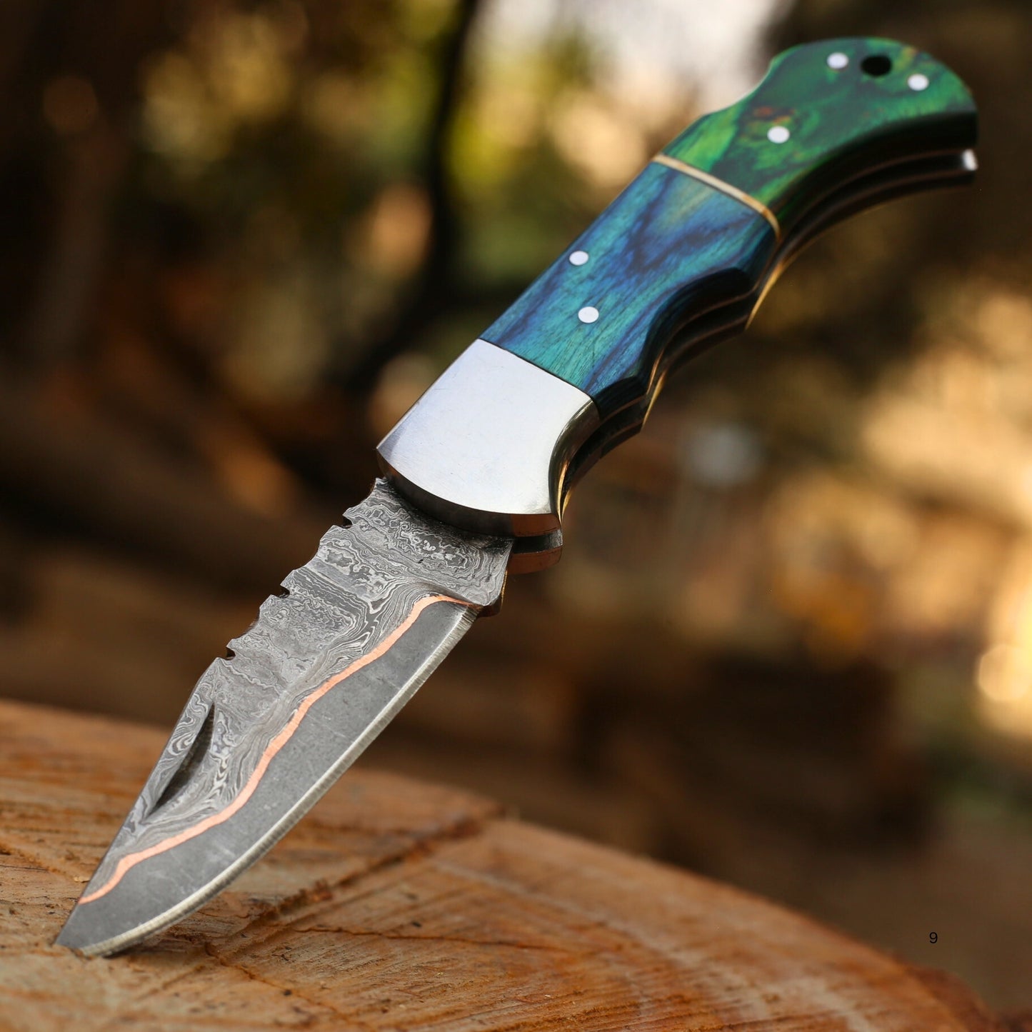 Handmade Copper Damascus Folding Knife With Pakka wood Handle , Personalized Gift for Him , Anniversary Gift Knife , Groomsman Gift Knife