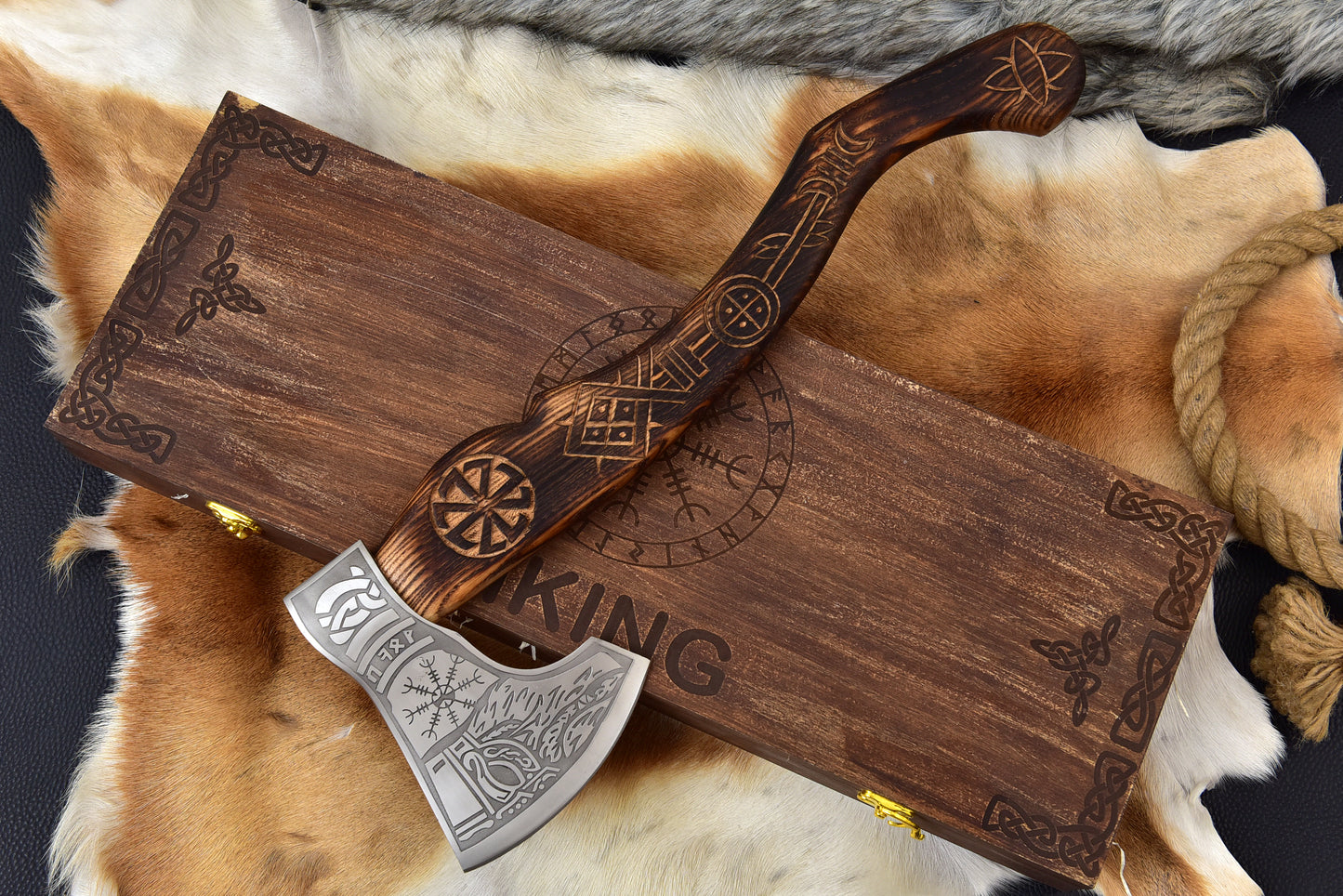 Handmade Viking Bearded Axe 20" High Carbon Steel Etched Norse Tomahawk with Carved Ashwood Handle & Engraved Wooden Box