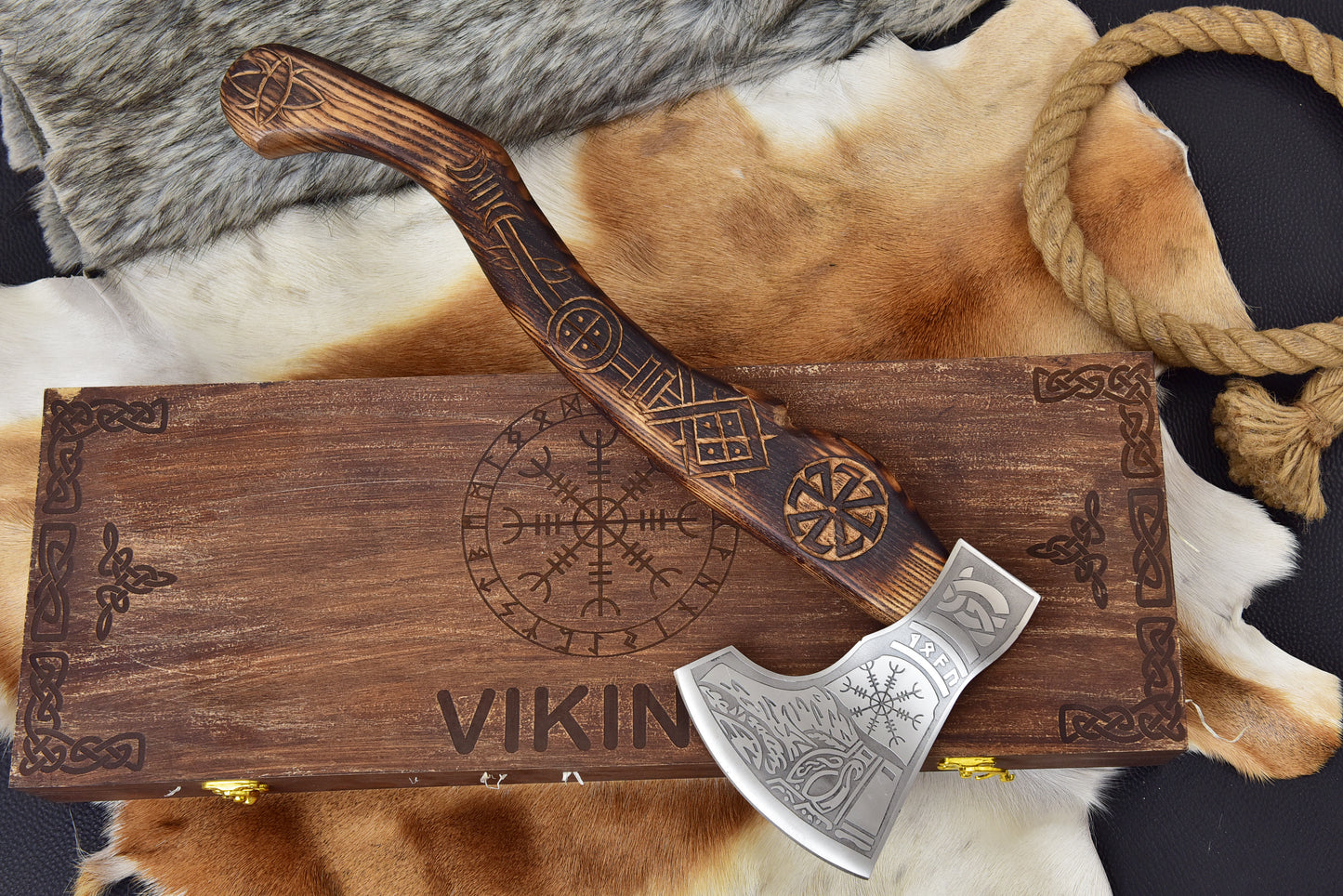 Handmade Viking Bearded Axe 20" High Carbon Steel Etched Norse Tomahawk with Carved Ashwood Handle & Engraved Wooden Box