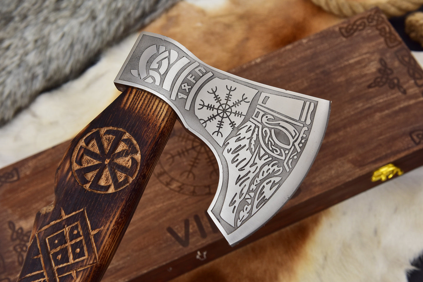Handmade Viking Bearded Axe 20" High Carbon Steel Etched Norse Tomahawk with Carved Ashwood Handle & Engraved Wooden Box