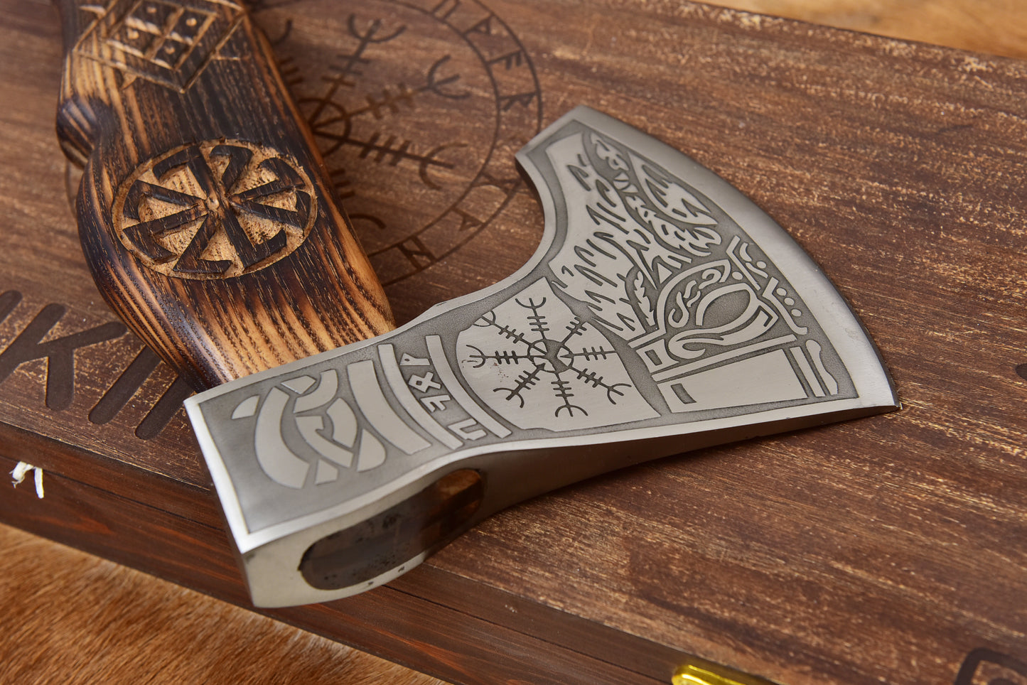 Handmade Viking Bearded Axe 20" High Carbon Steel Etched Norse Tomahawk with Carved Ashwood Handle & Engraved Wooden Box