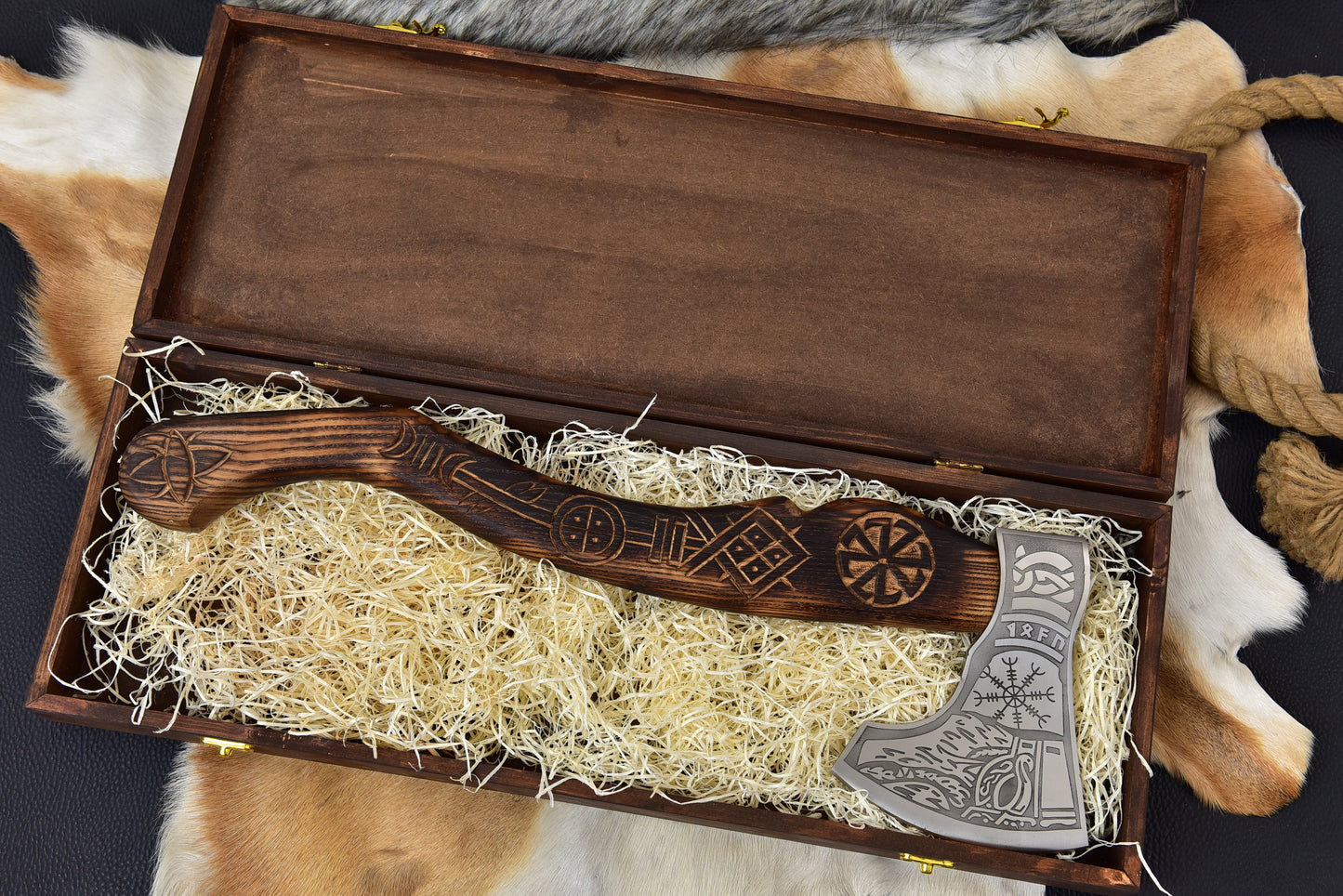 Handmade Viking Bearded Axe 20" High Carbon Steel Etched Norse Tomahawk with Carved Ashwood Handle & Engraved Wooden Box