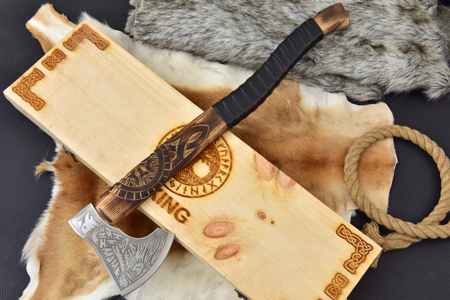 Hand Forged Viking Bearded Axe, Engraved Norse Steel Tomahawk, Carved Ashwood Handle, Custom Wooden Gift Box - 20"