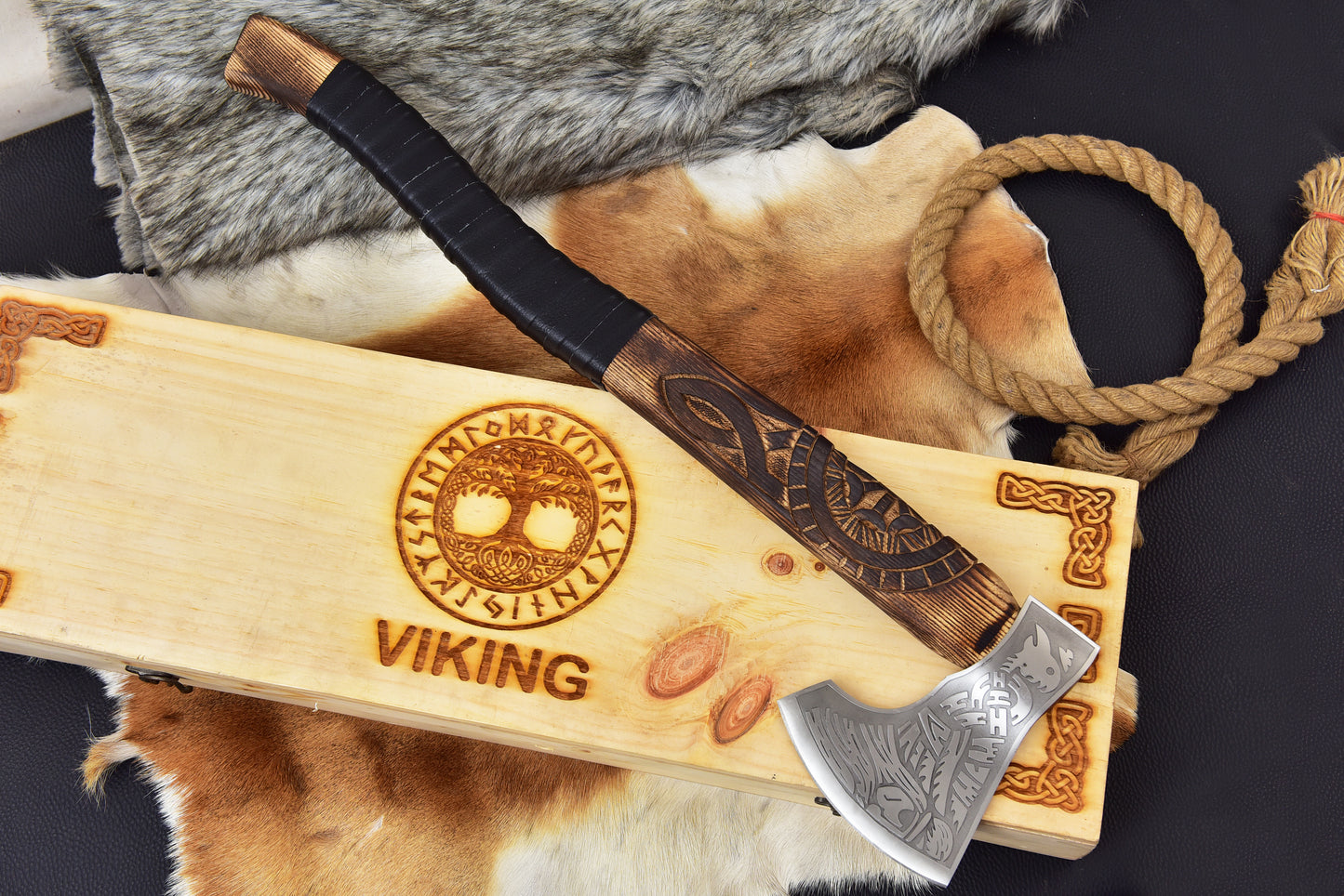 Hand Forged Viking Bearded Axe, Engraved Norse Steel Tomahawk, Carved Ashwood Handle, Custom Wooden Gift Box - 20"