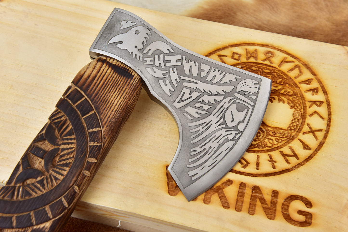Hand Forged Viking Bearded Axe, Engraved Norse Steel Tomahawk, Carved Ashwood Handle, Custom Wooden Gift Box - 20"