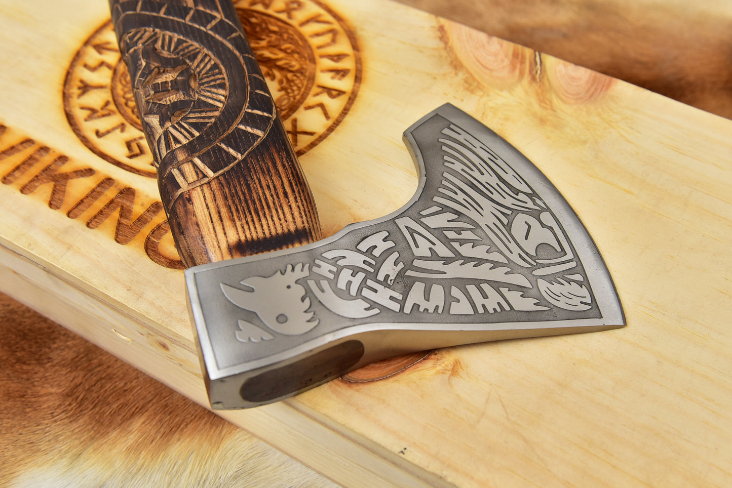 Hand Forged Viking Bearded Axe, Engraved Norse Steel Tomahawk, Carved Ashwood Handle, Custom Wooden Gift Box - 20"
