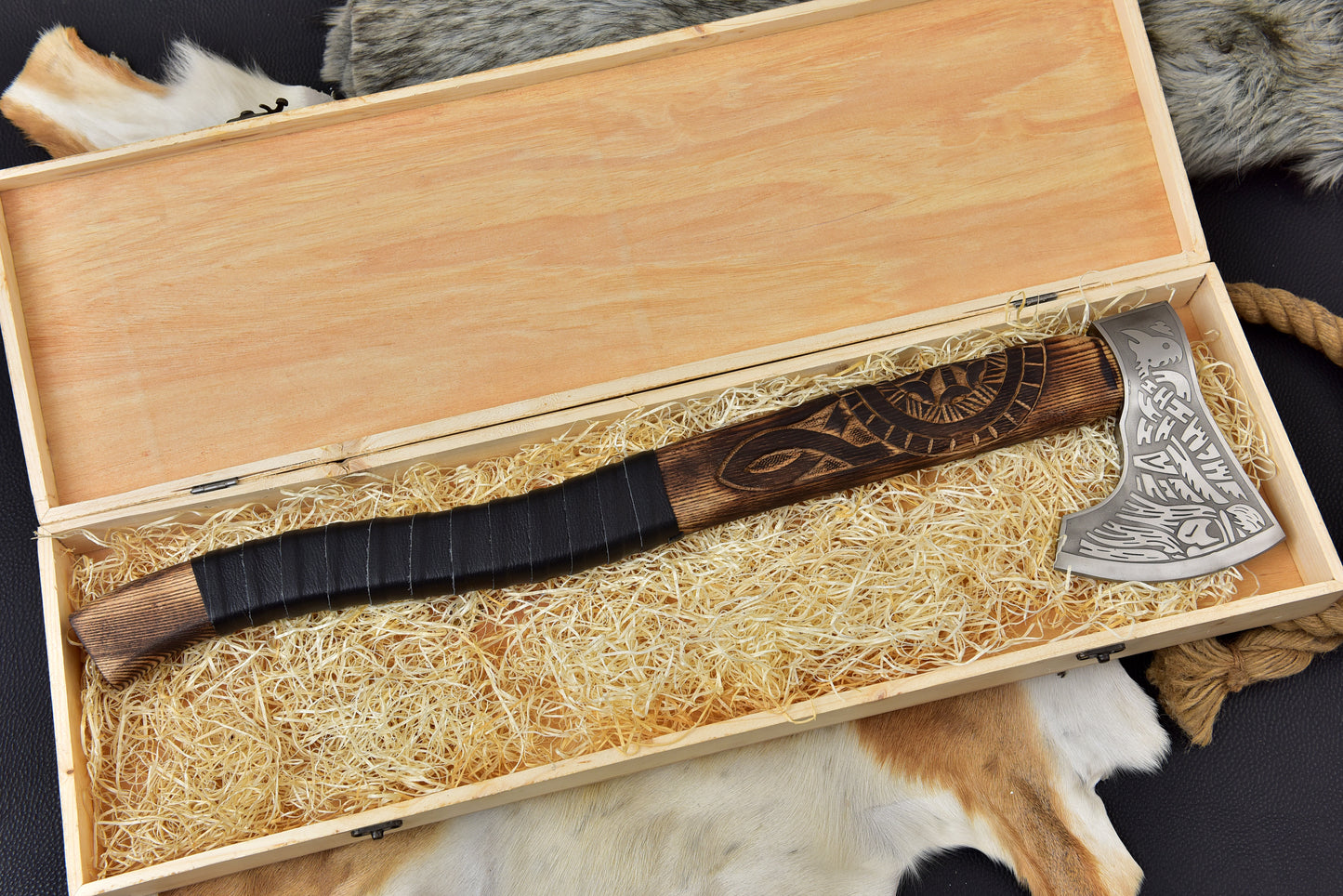 Hand Forged Viking Bearded Axe, Engraved Norse Steel Tomahawk, Carved Ashwood Handle, Custom Wooden Gift Box - 20"