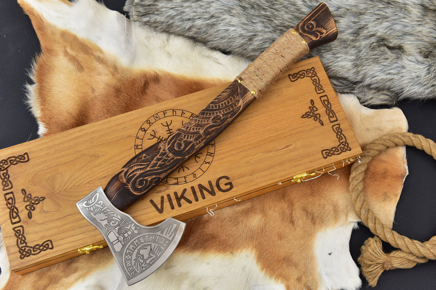 Handmade Viking Bearded Axe - Custom Etched Norse Steel Hatchet - Carved Ashwood Handle, Wooden Gift Box, Groomsmen Gift